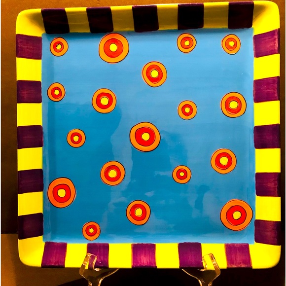 All U Can Handle Hand Painted Ceramic Tray “ Dancing Dots Turquoise 11”-11” - Picture 1 of 11
